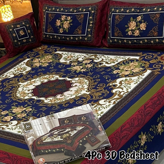 4pc 3D Bedsheet King Size Premium Crystal Cotton