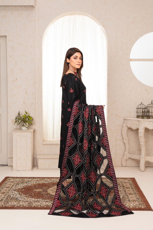 3pc Dhanak Emb Dress with Laser Cutwork Shawl